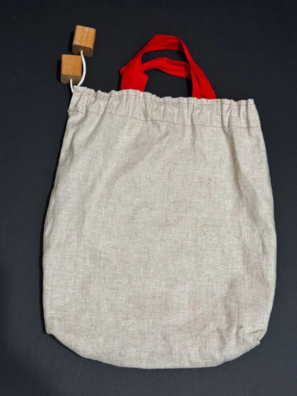 Double Handle Pouch Bag with Wood Block Aglet Drawcord, Natural Canvas